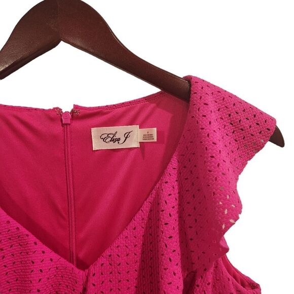 Eliza J Pink Perforated Flare Dress Ruffle Neck Sleeveless Size 6 - Picture 3 of 7